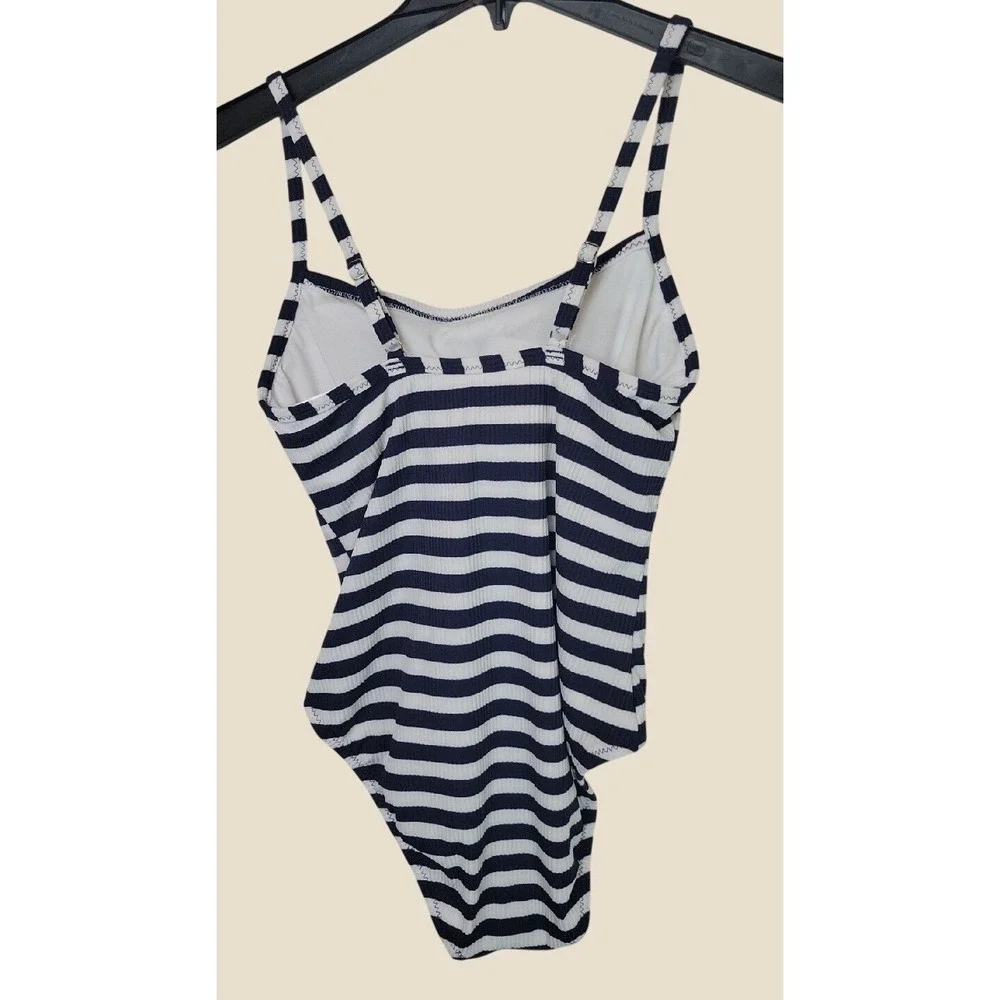 Kona Sol One Piece Swimsuit Nautical Striped Coastal Preppy Navy White Medum